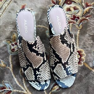 Aldo Beige and Black Snake-Print Slide Mules